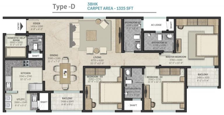3 BHK - 1325 - Sobha RajVilas Indraprastha 2