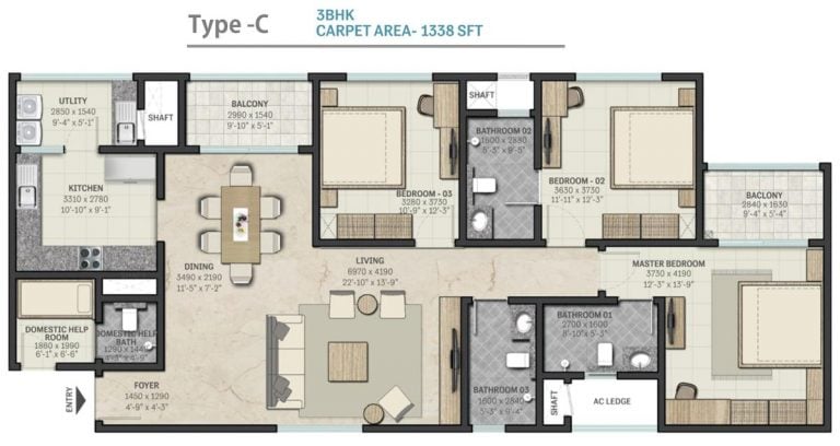 3 BHK - 1338 - Sobha RajVilas Indraprastha 2