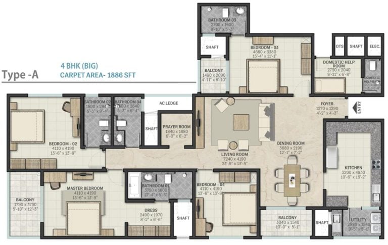 4 BHK Big - 1886 - Sobha RajVilas Indraprastha 2