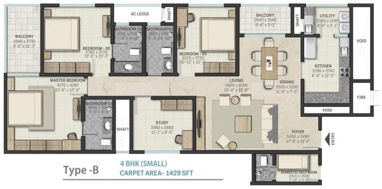 4 BHK Small - 1429 - Sobha RajVilas Indraprastha 2