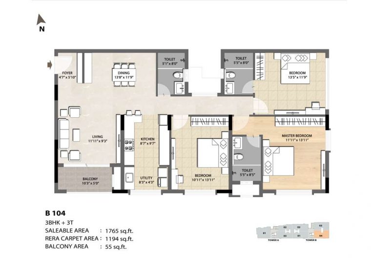 3 BHK 3T - 1765 DNR Spring Leaf