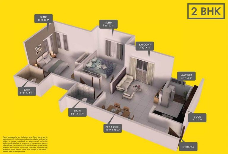 2 BHK - 883 3D Plan - Provident Equinox