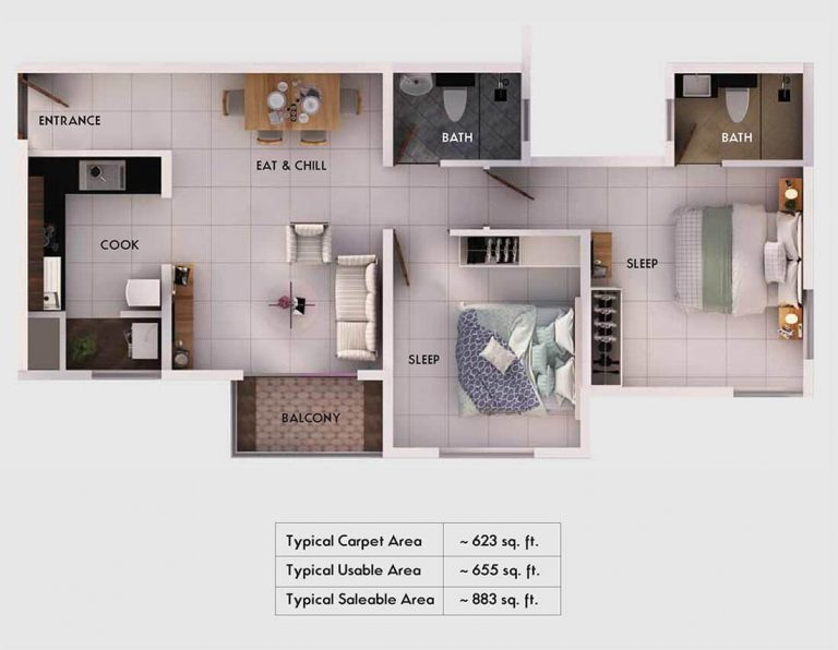 2 BHK - 883 - Provident Equinox