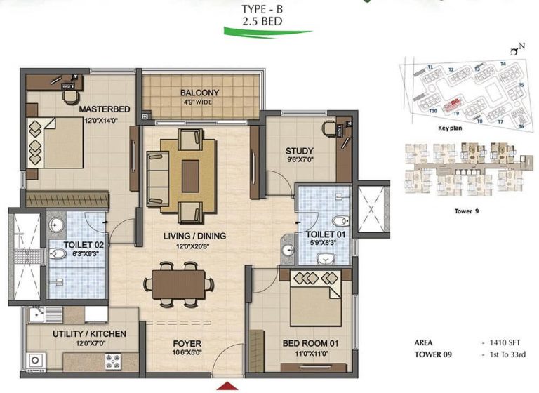 2.5 BHK - 1410 - Prestige High Fields