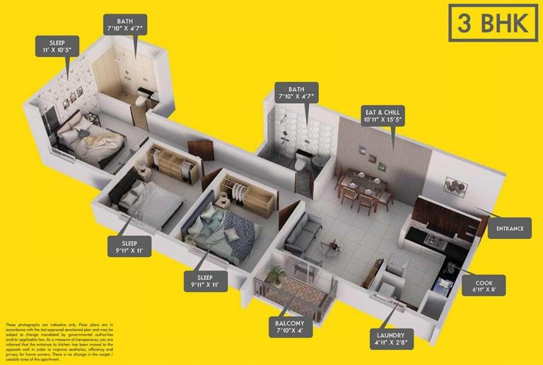 3 BHK - 1082 3D Plan - Provident Equinox