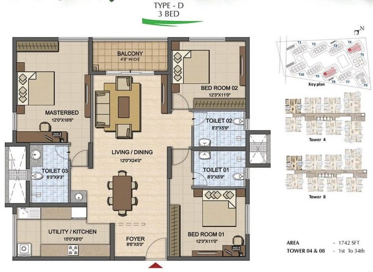 3 BHK - 1742 - Prestige High Fields