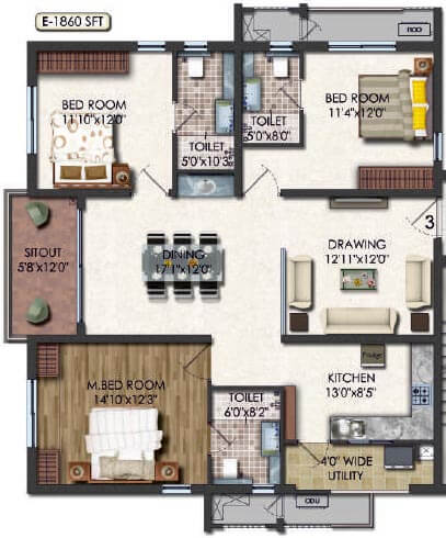 3 BHK - 1860 - Jayabheri Summit