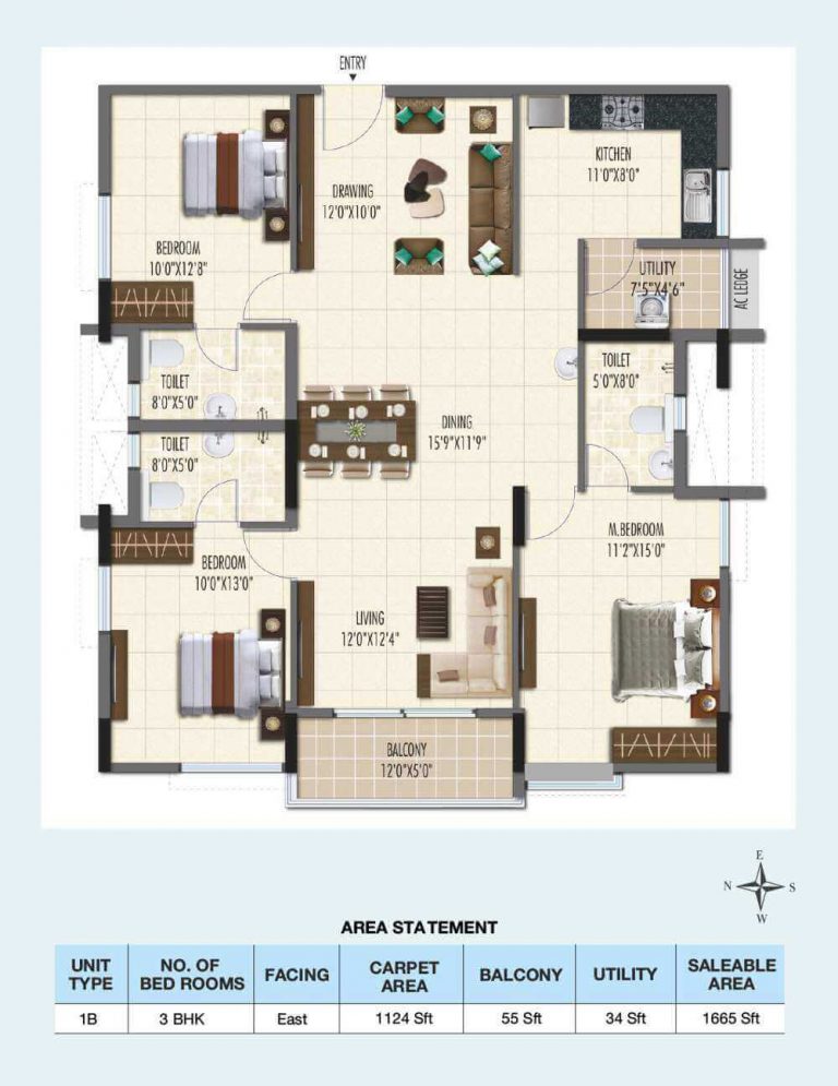 3-BHK-East-1665 - Ramky One Galaxia Phase 2