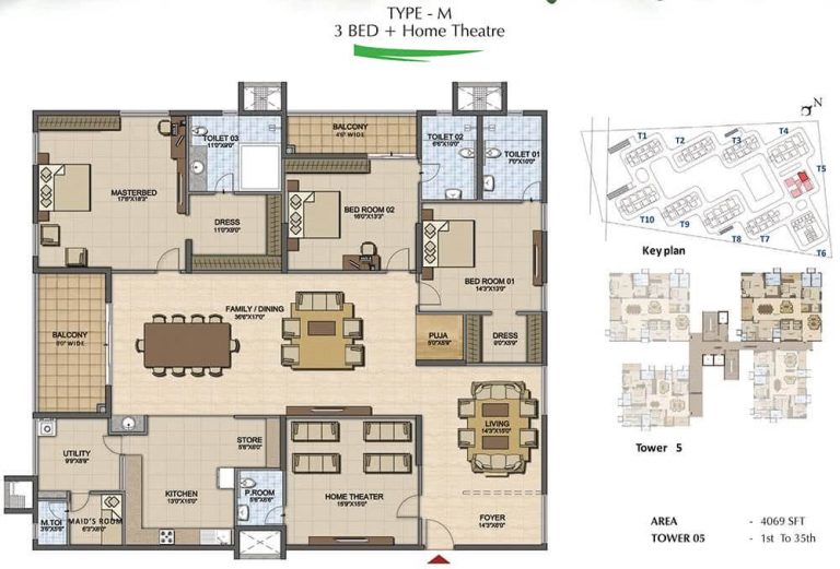 3 BHK + Home Theatre - 4069 - Prestige High Fields