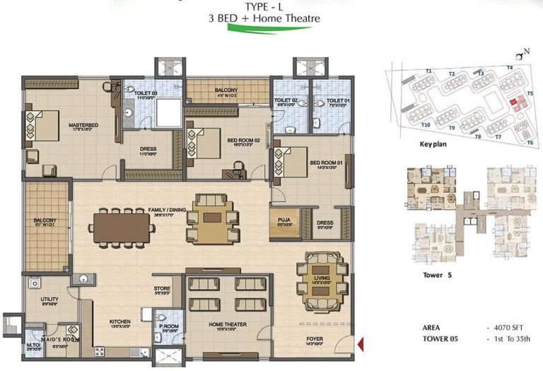 3 BHK + Home Theatre - 4070 - Prestige High Fields