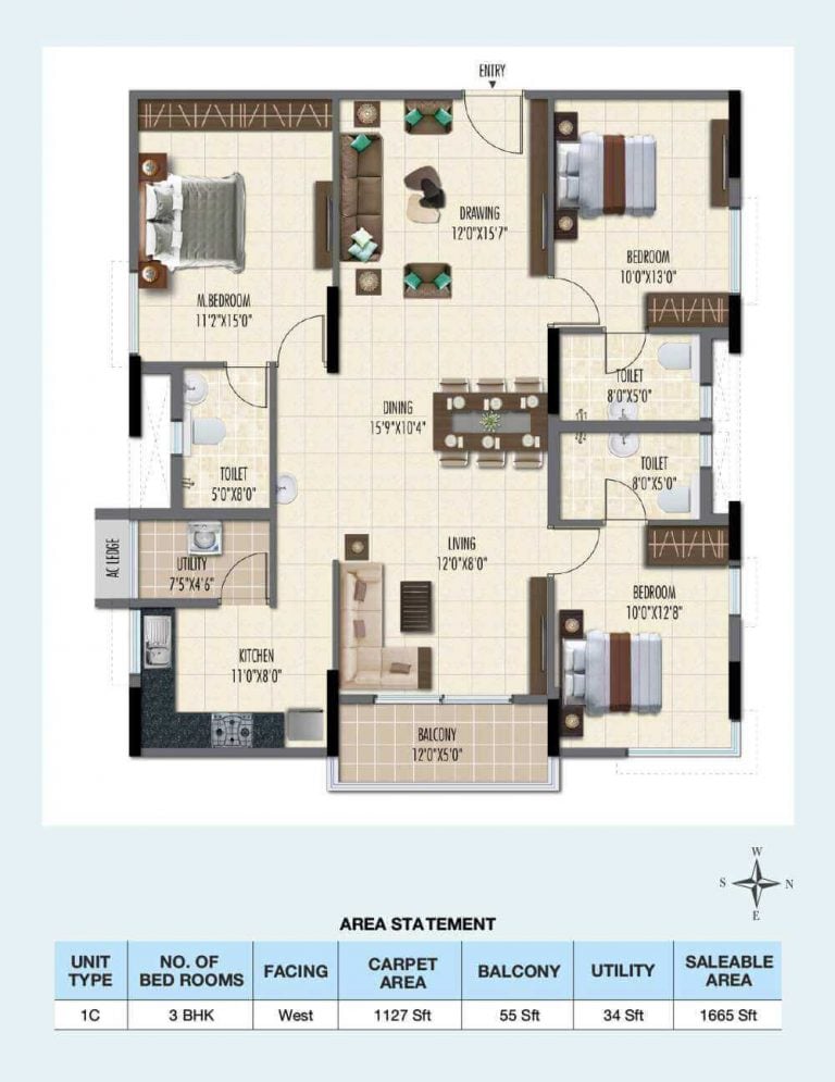 3-BHK-West-1665 - Ramky One Galaxia Phase 2