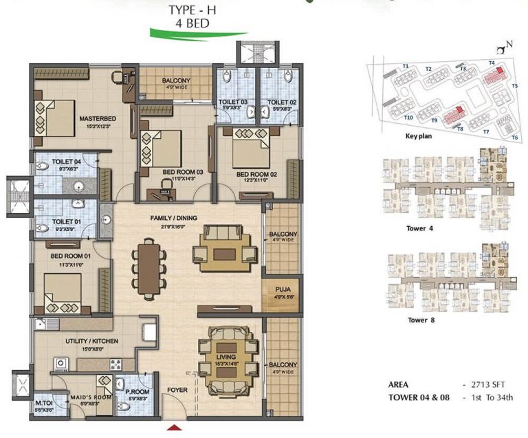 4 BHK - 2713 - Prestige High Fields
