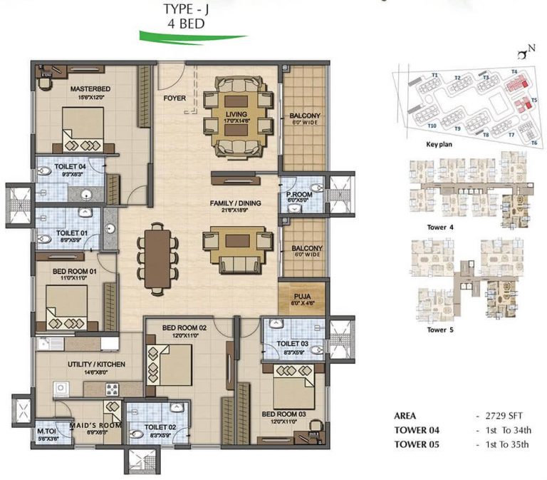 4 BHK - 2729 - Prestige High Fields