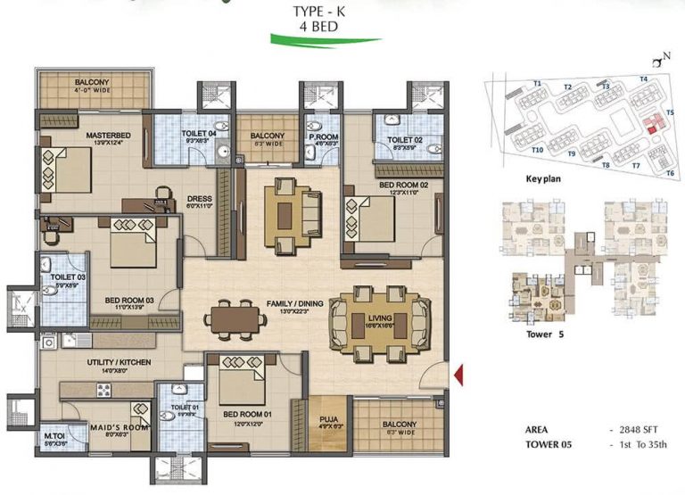 4 BHK - 2848 - Prestige High Fields