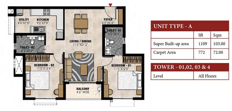 2 BHK - 1109 - Prestige Elysian