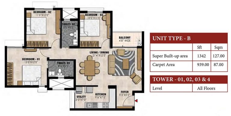 3 BHK 2T - 1342 - Prestige Elysian