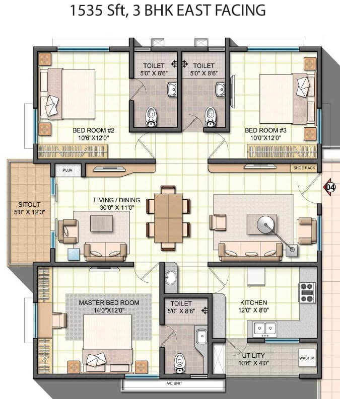 3 BHK East - 1535 - NCC Urban One