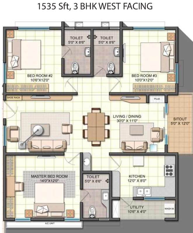 3 BHK West - 1535 - NCC Urban One