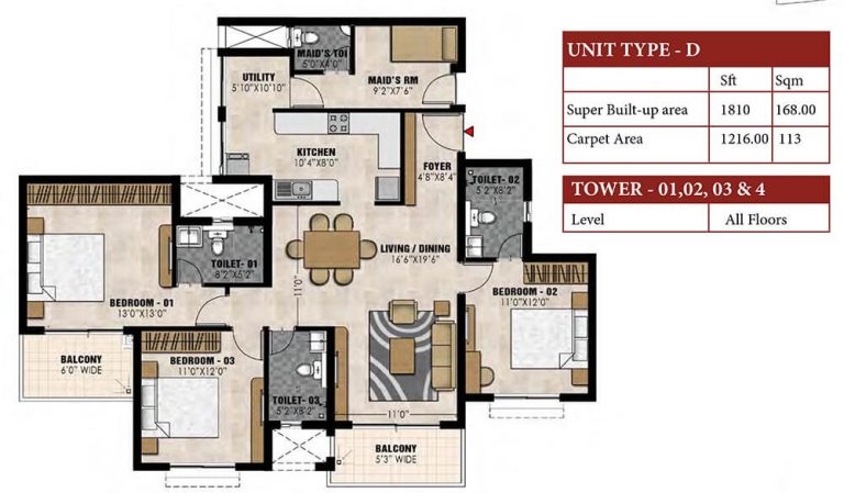 3.5 BHK - 1810 - Prestige Elysian