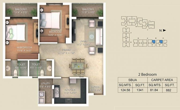 2 BHK - 1341 - Adarsh Palm Retreat Lake Front