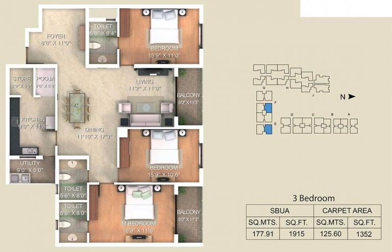 3 BHK - 1915 - Adarsh Palm Retreat Lake Front