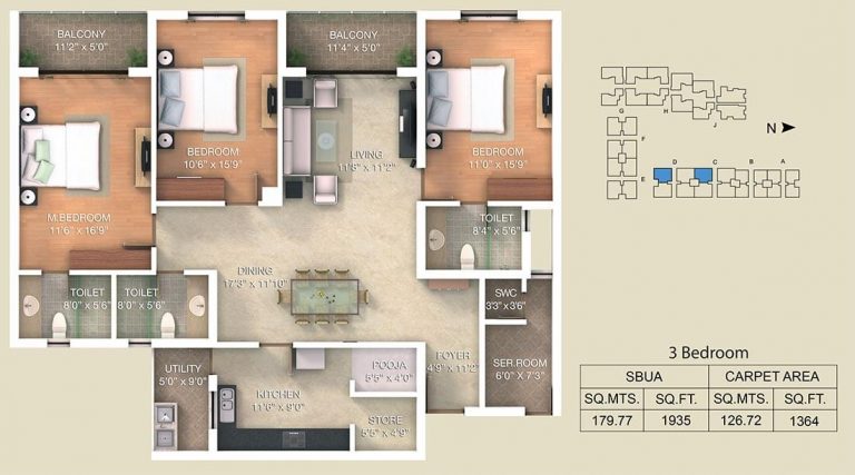3 BHK - 1935 - Adarsh Palm Retreat Lake Front