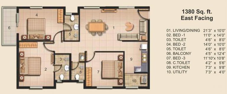 3 BHK - 1380 - JAINS Carlton Creek Khajaguda