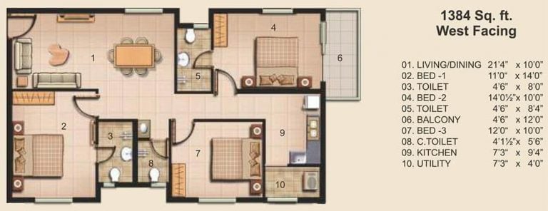 3 BHK - 1384 - JAINS Carlton Creek Khajaguda