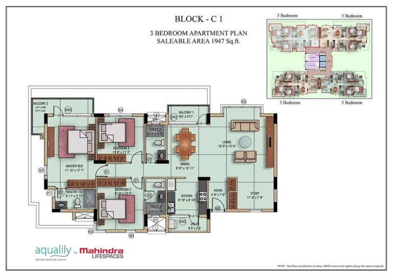 3 BHK + Study - 1947 Mahindra World City Aqualily