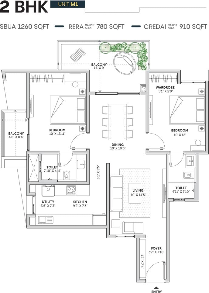 2 BHK - 1260 - Assetz Sun And Sanctum