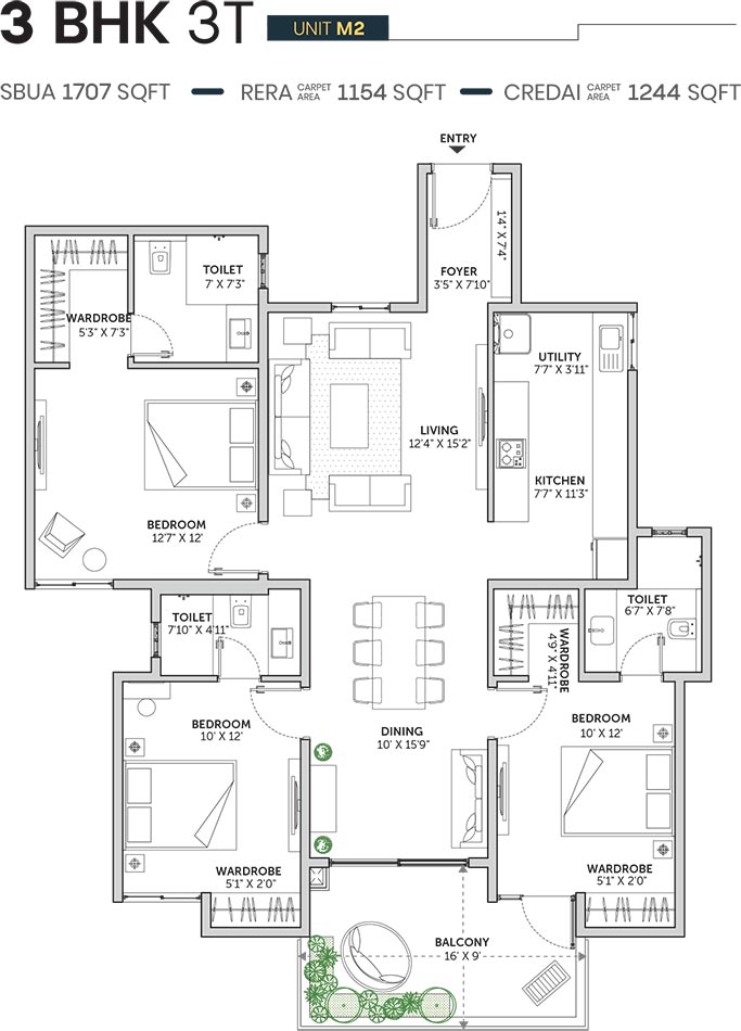 3 BHK 3T - 1707 - Assetz Sun And Sanctum