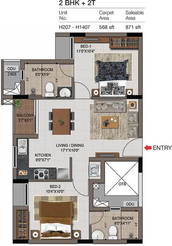 2 BHK 2T - 871 No Terrace - CasaGrand Zenith Medavakkam