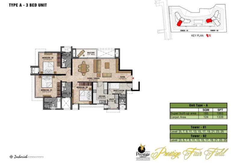 3 BHK - 1193 - Prestige Fairfield Dollars Colony