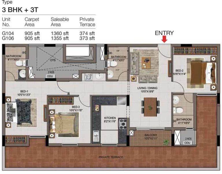 3 BHK 3T - 1360 Terrace - CasaGrand Zenith Medavakkam