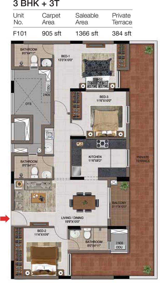 3 BHK 3T - 1366 - CasaGrand Zenith Medavakkam