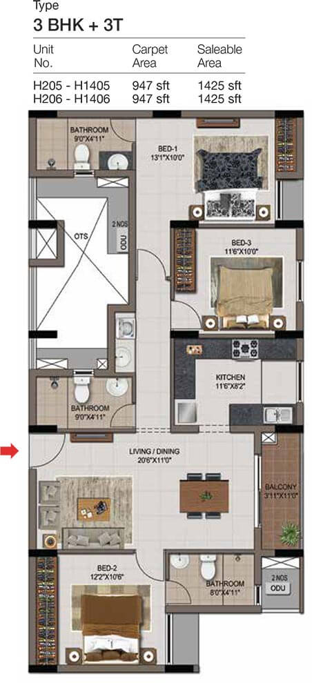 3 BHK 3T - 1425 - CasaGrand Zenith Medavakkam