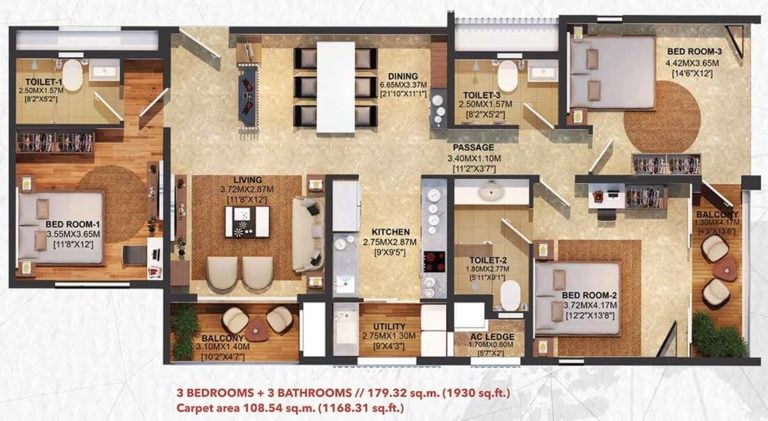 3 BHK + 3T - 1930 - Brigade Residences At WTC Chennai