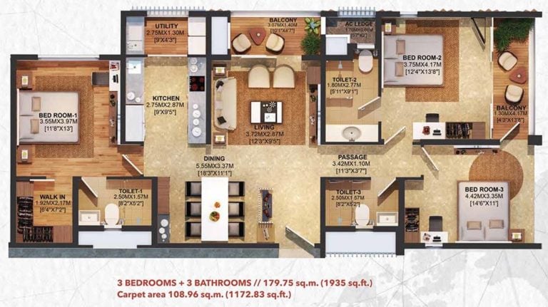 3 BHK + 3T - 1935 - Brigade Residences At WTC Chennai