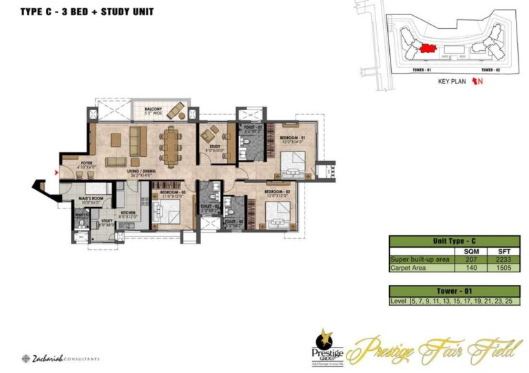 3 BHK Study - 2233 - Prestige Fairfield Dollars Colony
