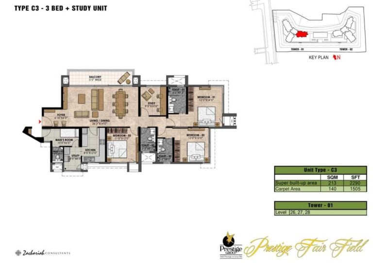 3 BHK Study - 2290 - Prestige Fairfield Dollars Colony