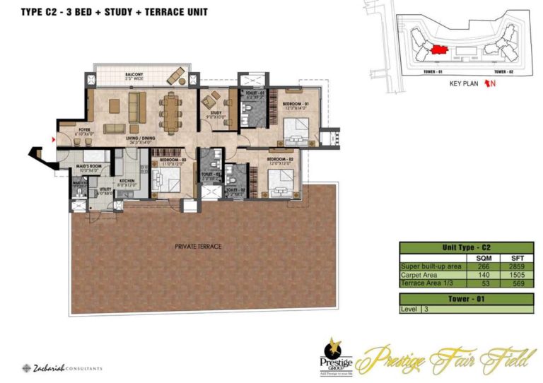 3 BHK Study Terrace - 2859 - Prestige Fairfield Dollars Colony