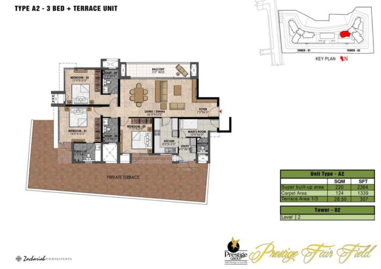 3 BHK Terrace - 2364 - Prestige Fairfield Dollars Colony