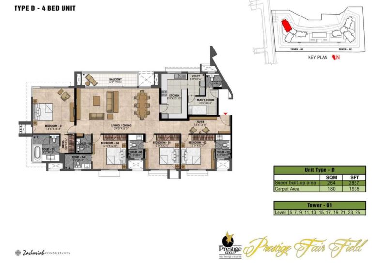 4 BHK - 2837 - Prestige Fairfield Dollars Colony