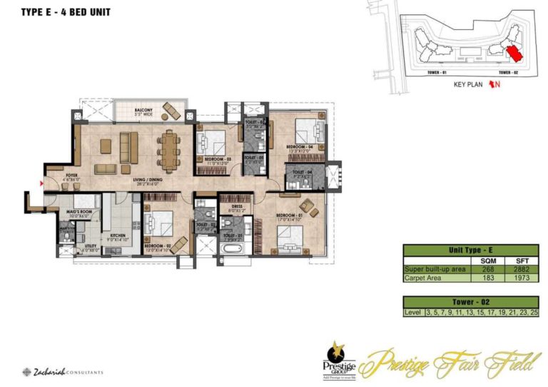4 BHK - 2882 - Prestige Fairfield Dollars Colony