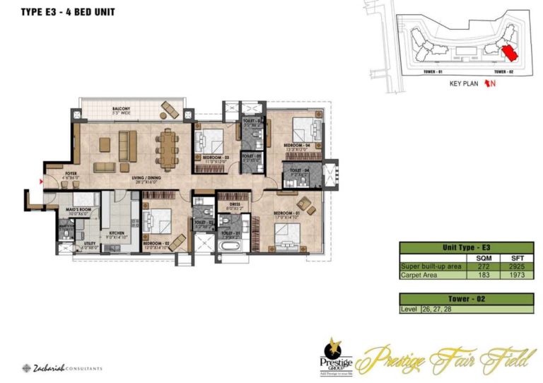 4 BHK - 2925 - Prestige Fairfield Dollars Colony