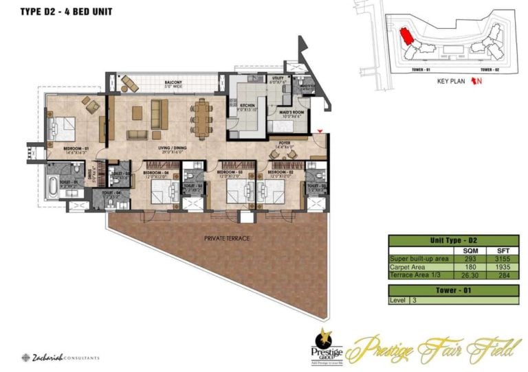 4 BHK - 3155 - Prestige Fairfield Dollars Colony