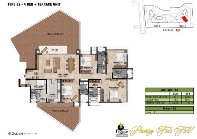 4 BHK Terrace - 3299 - Prestige Fairfield Dollars Colony