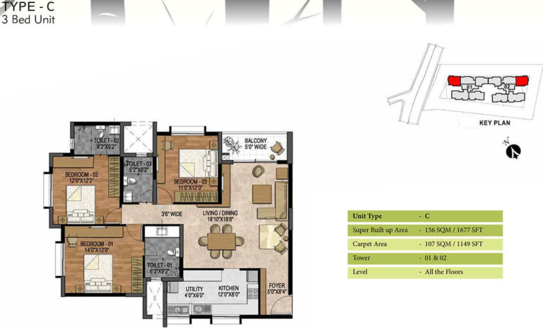 3 BHK - 1677 - Prestige Woodland Park Banaswadi