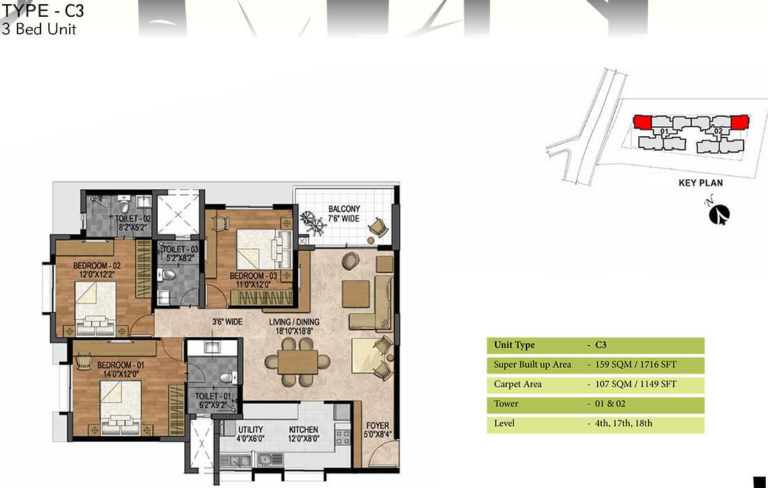 3 BHK - 1716 - Prestige Woodland Park Banaswadi