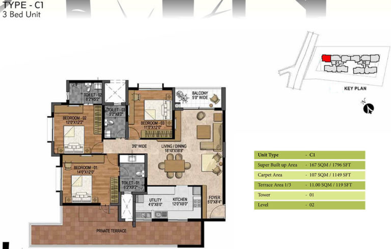 3 BHK - 1796 - Prestige Woodland Park Banaswadi